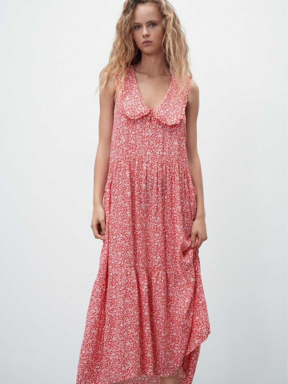 Zara Red Floral Maxi Dress with Peter Pan Collar
